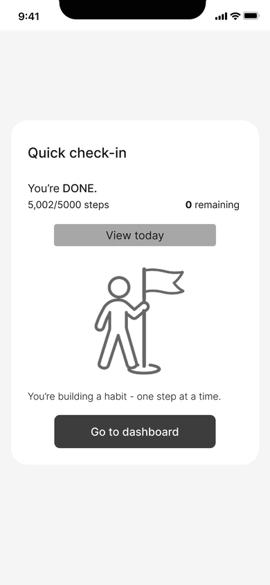 HabitHero quick check-in screen confirming completion of the daily step goal and linking back to the dashboard