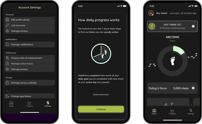 High-fidelity HabitHero settings, daily-progress explanation and Home screens showing adjustable controls and visible system logic