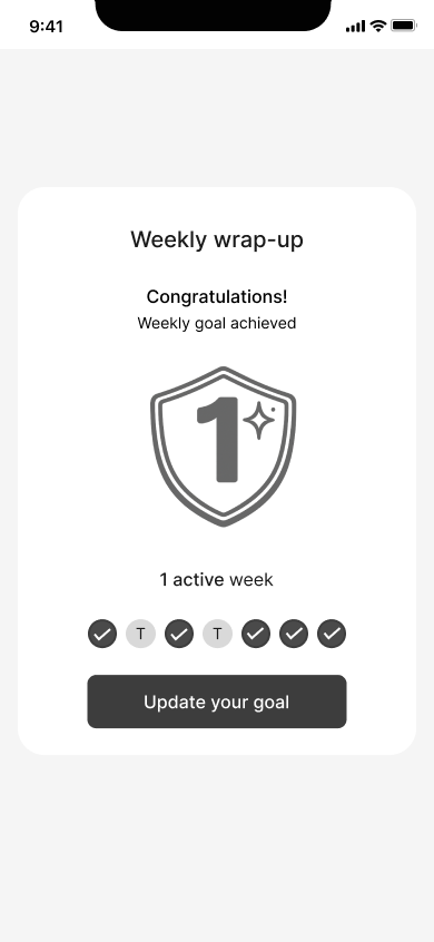HabitHero weekly wrap-up screen celebrating an achieved weekly goal and prompting the user to update their goal