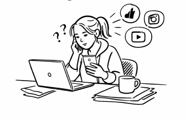 Original discovery drawing: Ella considering information on her phone and laptop.
