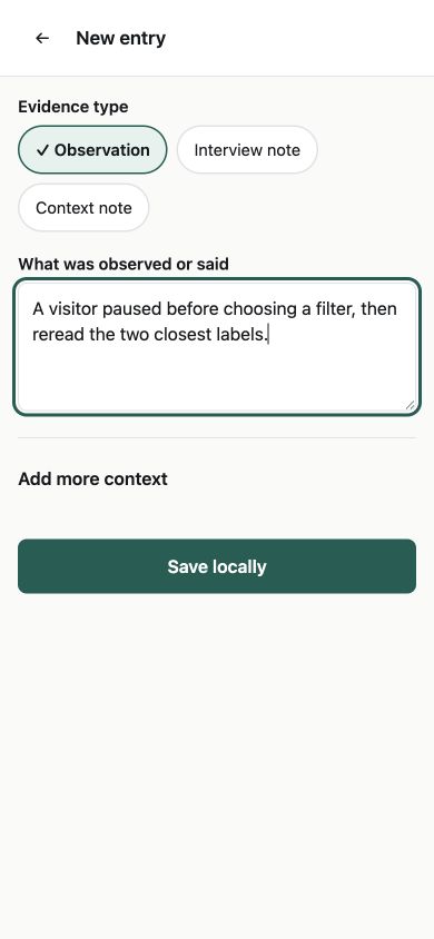 Mobile research logger entry separating an observation from additional context