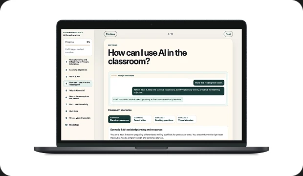 AI Educator CPD learning experience displayed on a laptop