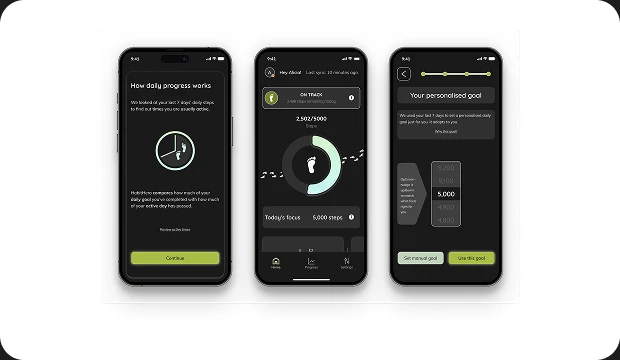 Three HabitHero mobile app screens showing habit progress and goal tracking