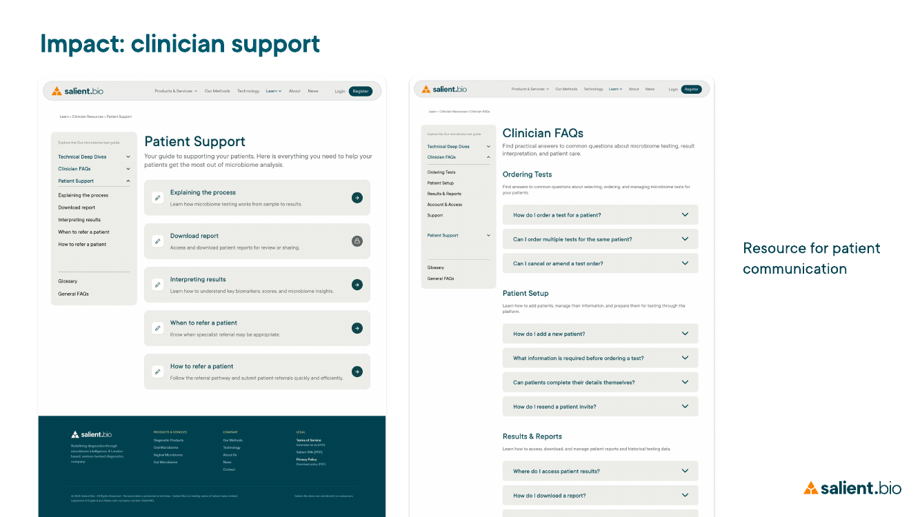 Patient-support and clinician FAQ screens with report explanations, referral guidance and appointment support