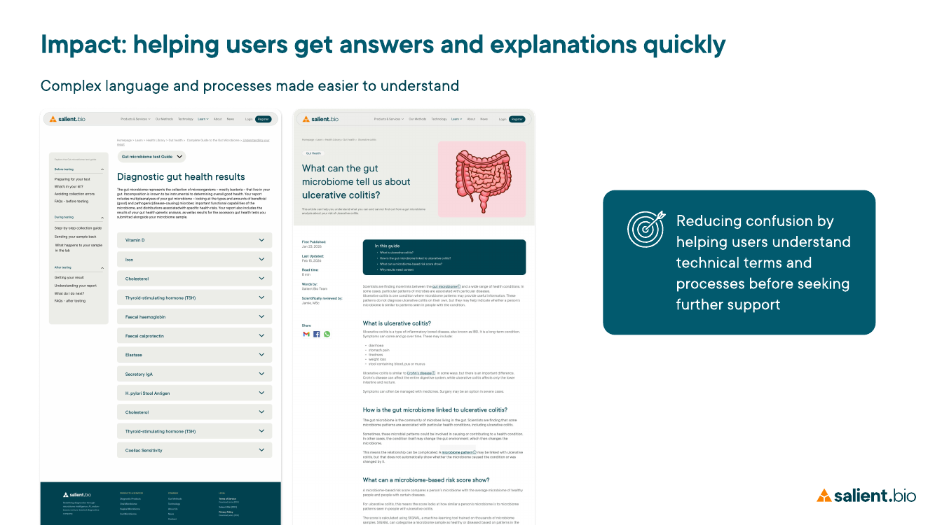 Article screens showing result explanations and contextual microbiome terminology support