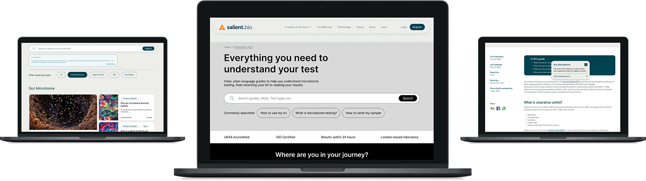 Three Salient Bio Learn Hub views showing filtered microbiome resources, the learning-hub homepage and a detailed clinical guide