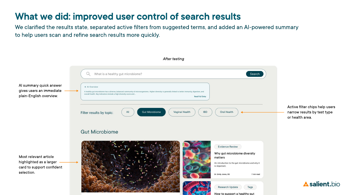 Proposed search-results hierarchy with a quick-answer concept, visibly active filters and a larger primary article result