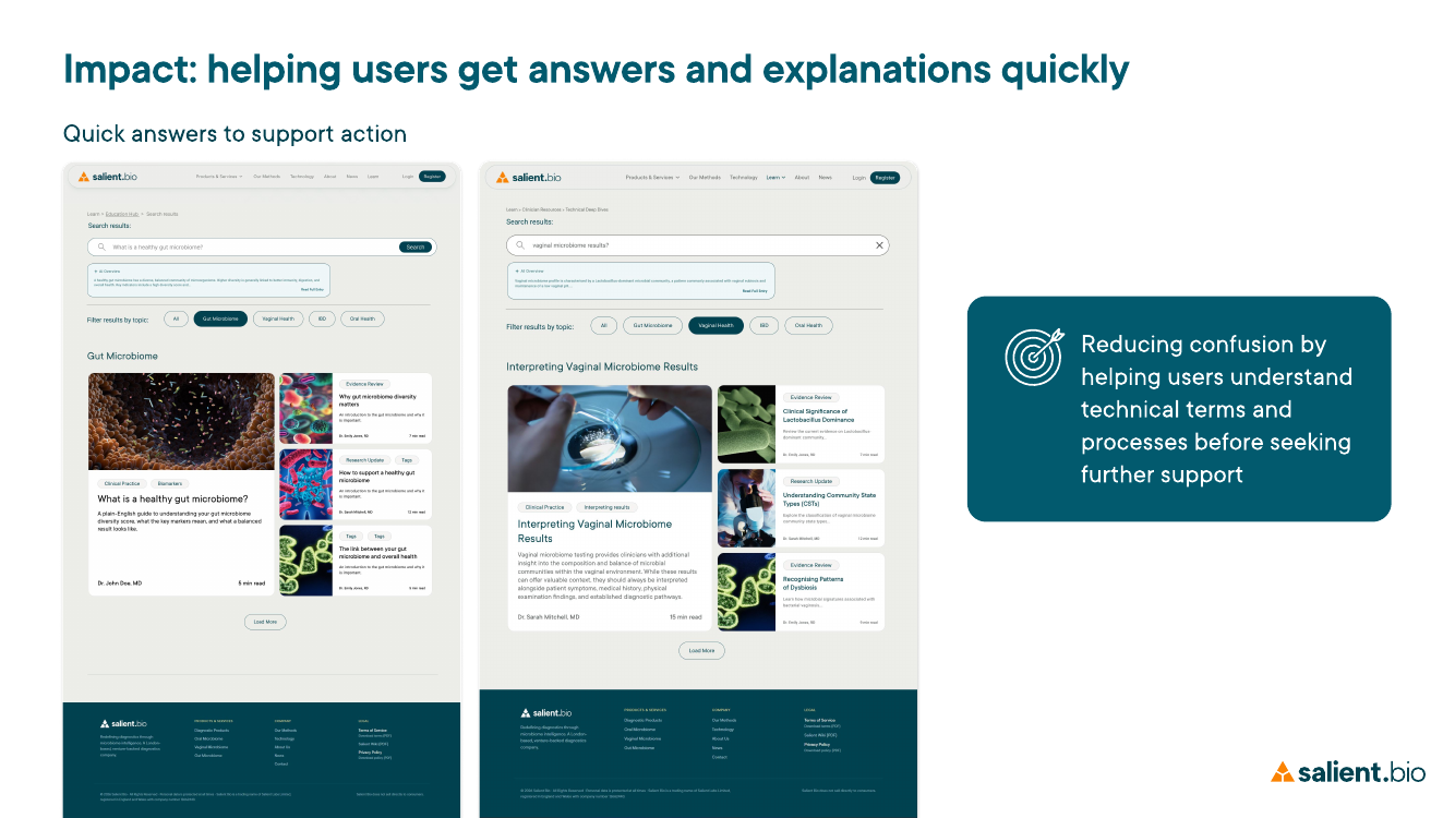 Search-result screens showing filtered microbiome results and direct information access