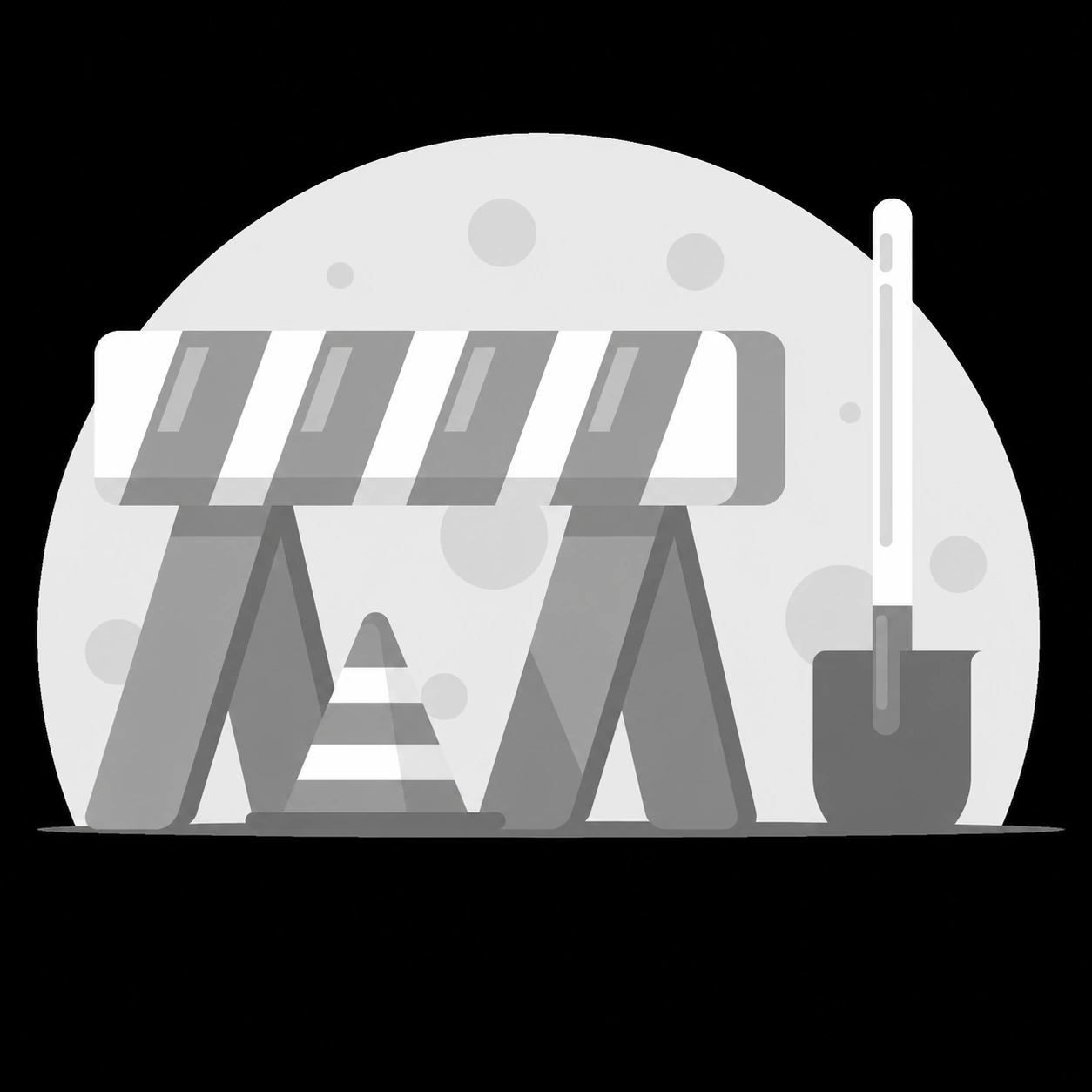 Illustration of roadworks barriers, a traffic cone and a shovel